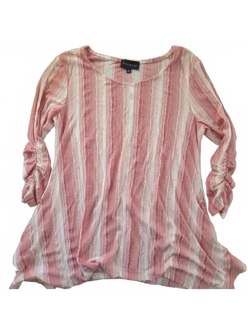Premise Pink and White Striped Ruched Sleeve Tunic Blouse Size M